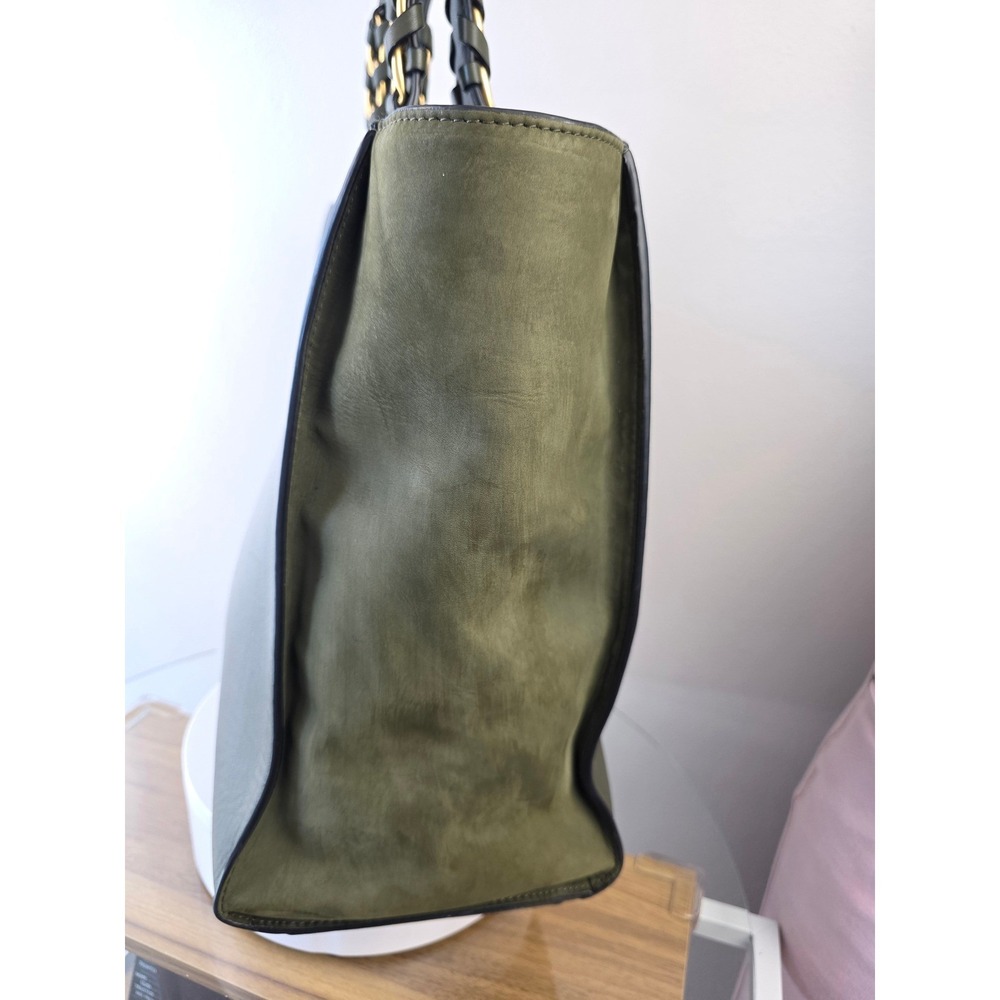 Tory Burch McGraw Mixed-Materials Tote Olive Green Leather Suede Gold Chain Bag - Picture 14 of 16